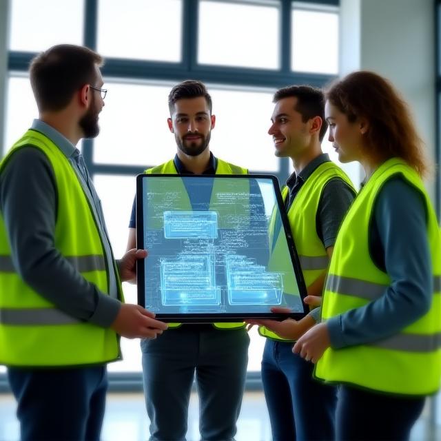 Engineering team discussing digital infrastructure blueprints
