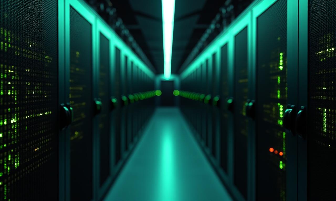 Modern data centre server racks with green glowing lights