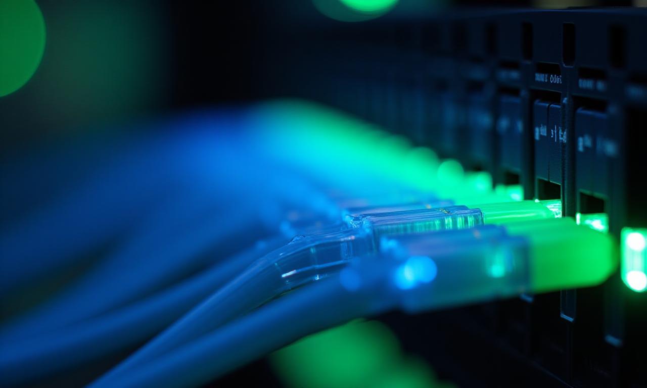 Close up of fiber optic connections and industrial hardware